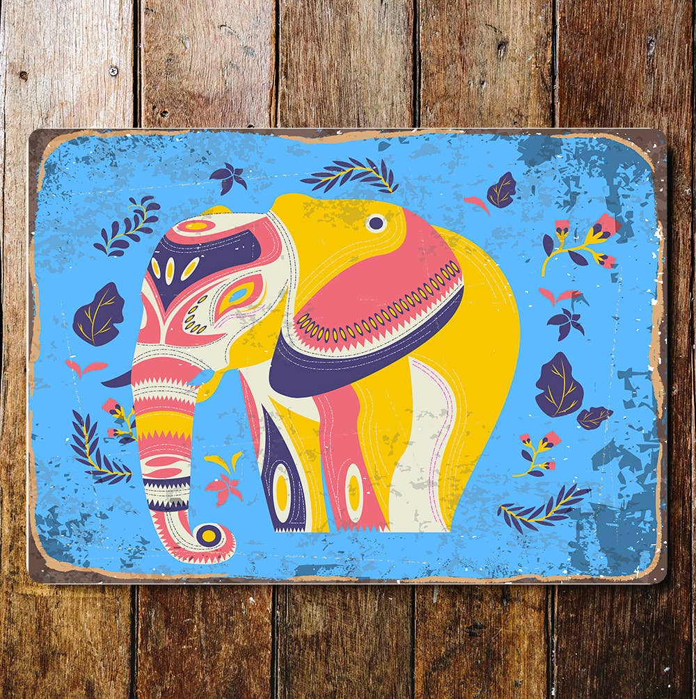 Retro Abstract Painted Elephant Metal Wall Sign Plaque
