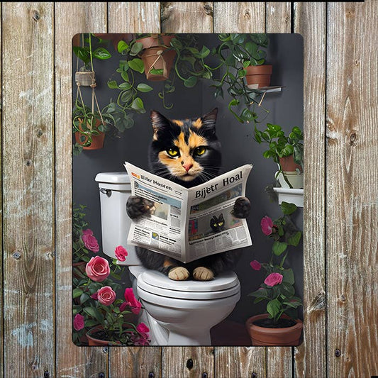 Cat Reading Newspaper | Toilet Bathroom | Metal Sign Plaque