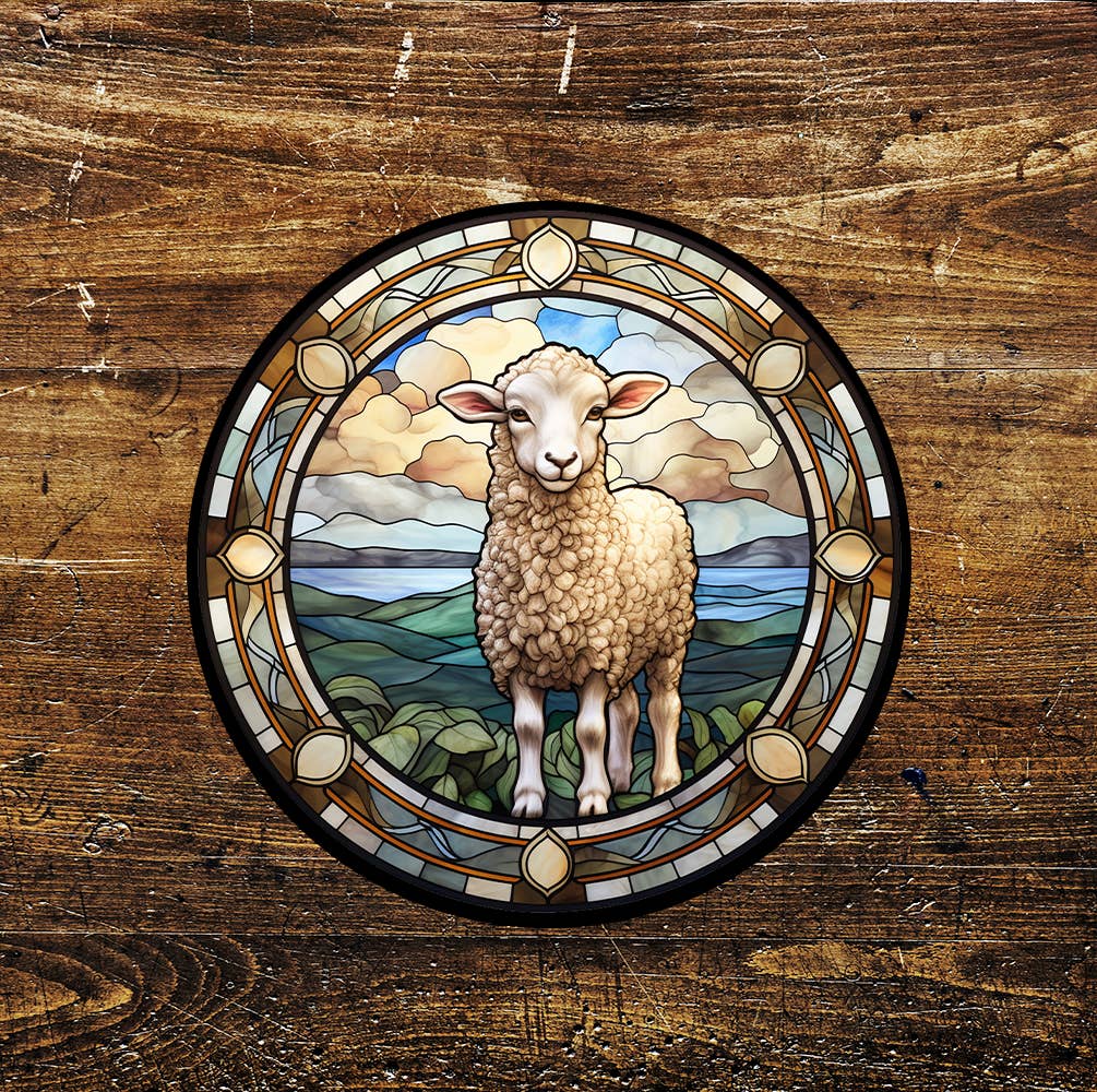 Baby Lamb Spring Stained Glass affect Metal Circle Sign