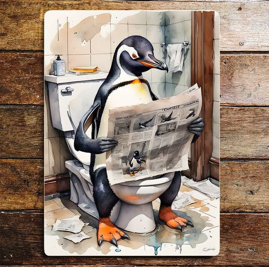 Penguin On the Toilet Bathroom | Metal Sign
