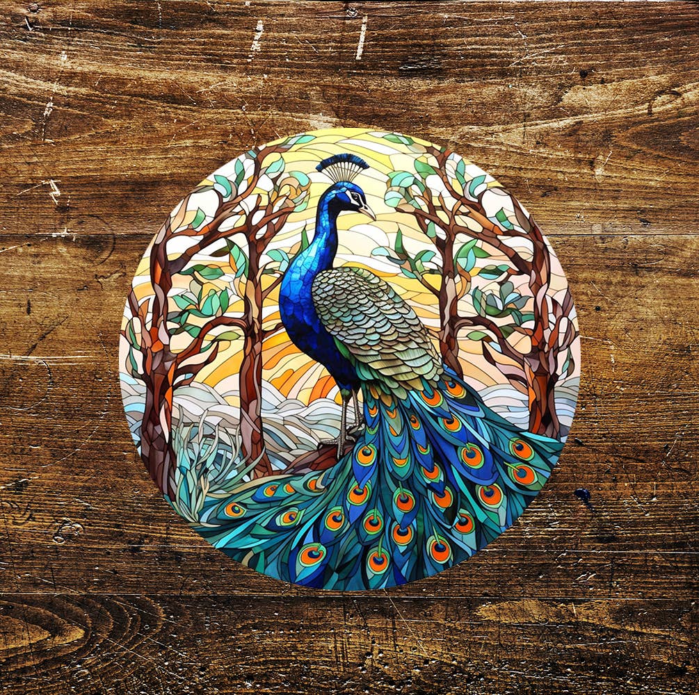 Peacock colorful Stained Glass affect Circle Metal Sign