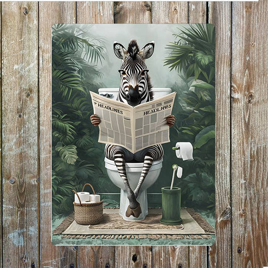 Zebra Reading Newspaper On Toilet | Bathroom| Metal Sign Plaque