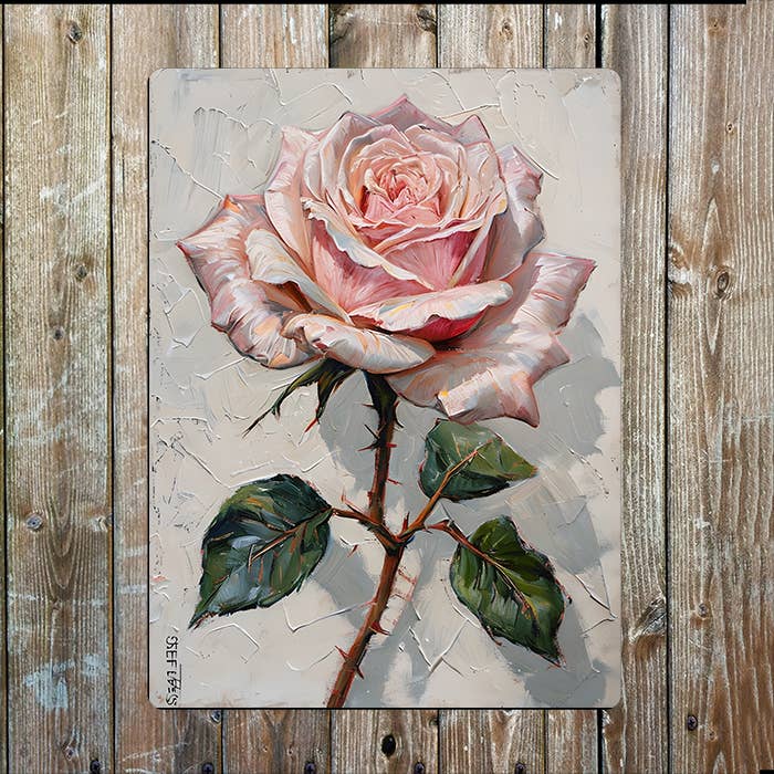Painting style Pink Rose In Bloom Metal Sign Plaque