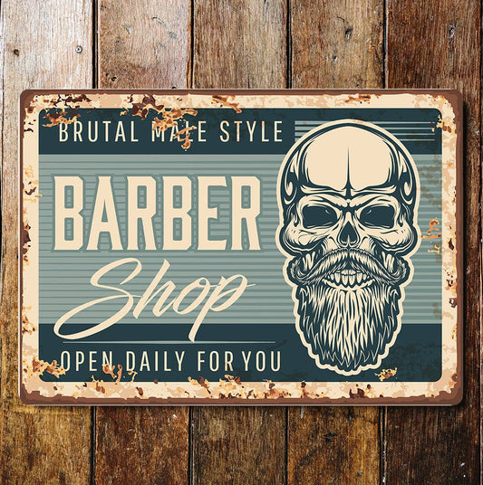 Retro Barber Shop Skull Metal Vintage Wall Sign