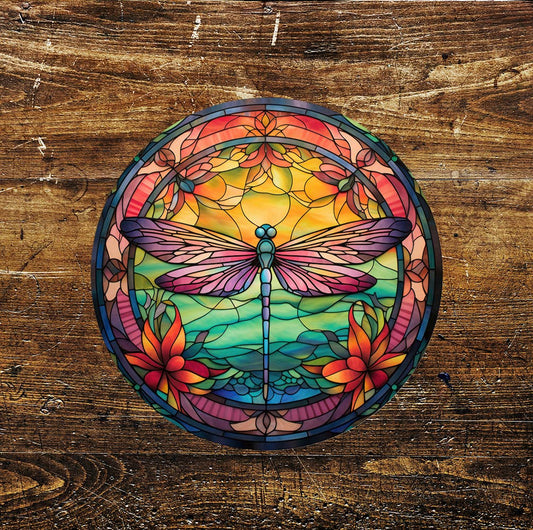 Dragonfly Pink Stained Glass affect Metal Sign Circle
