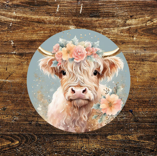 Baby Calf Cow Cute Stained Glass affect Circle Metal Sign