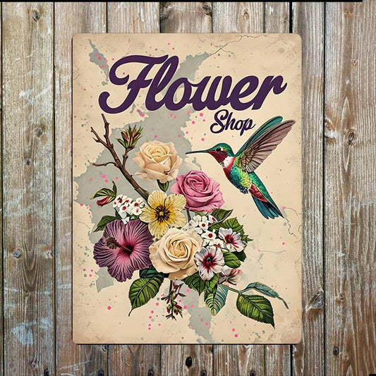 Vintage Floral Flower Shop Hummingbird | Metal Sign Plaque