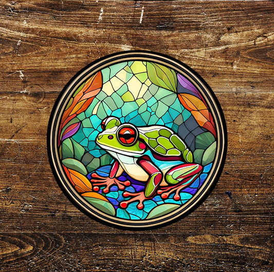 Frog smaller Stained Glass affect Circle Metal Sign