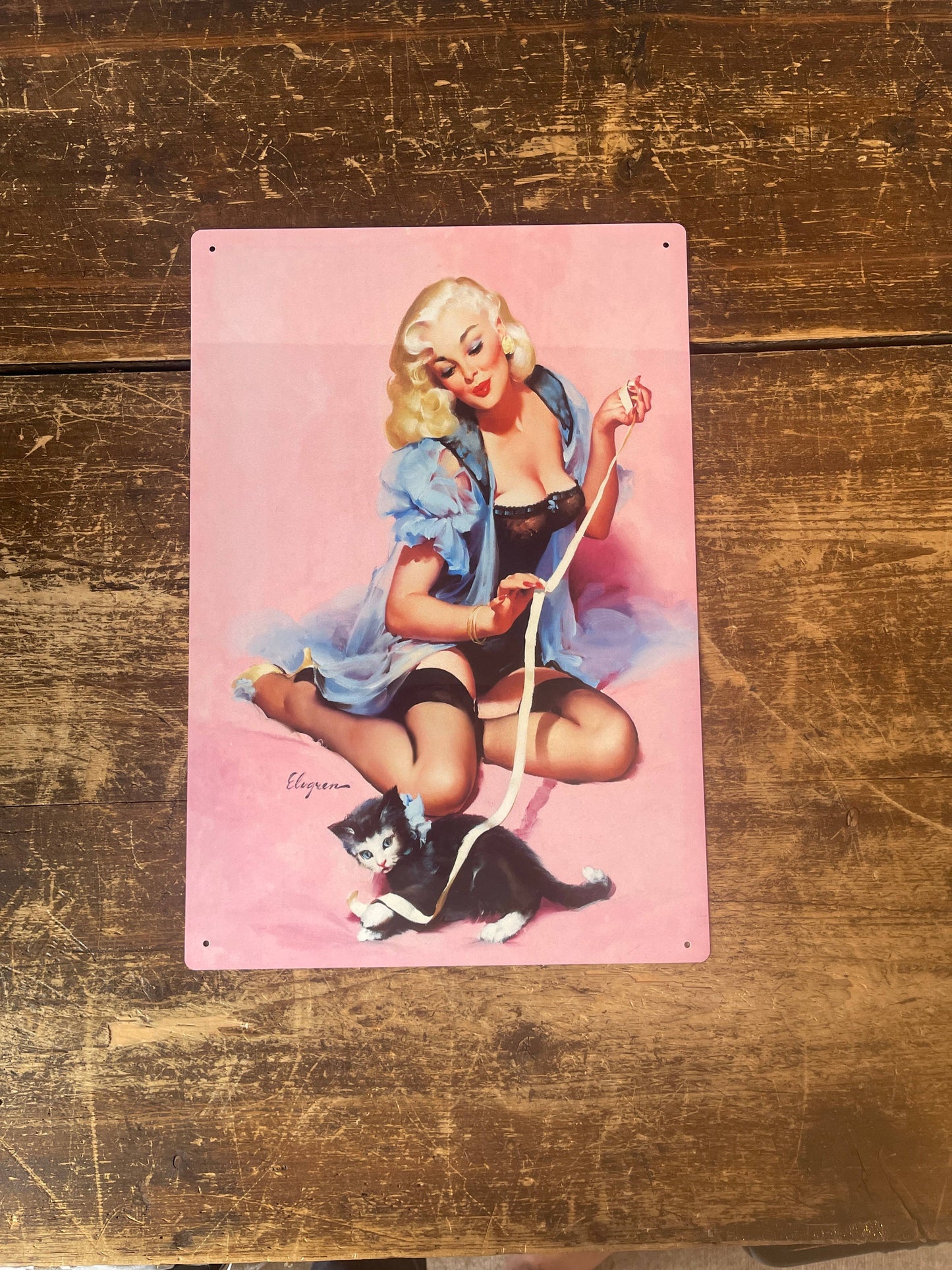 Pin Up Girl Pink Kitten Metal Personalised Art Wall Sign