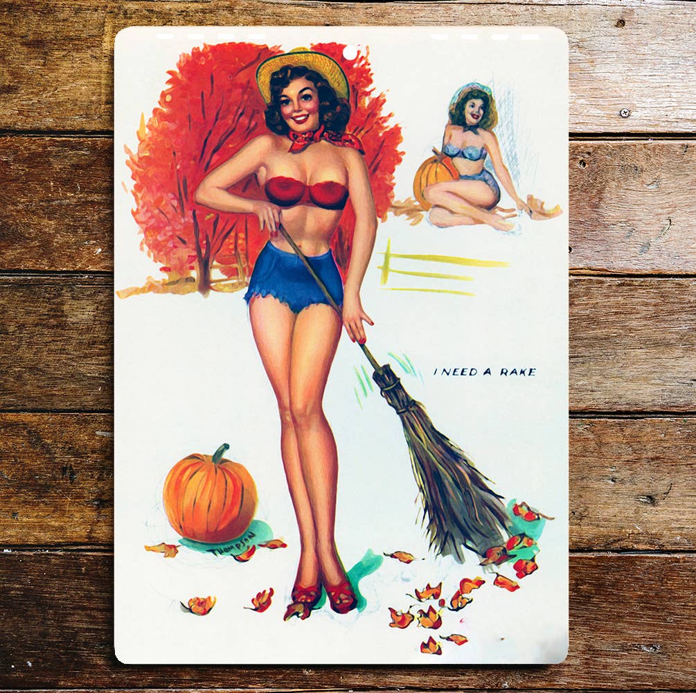Pin Up Girl I Need A Rake Pumpkin Garden Metal Wall Sign