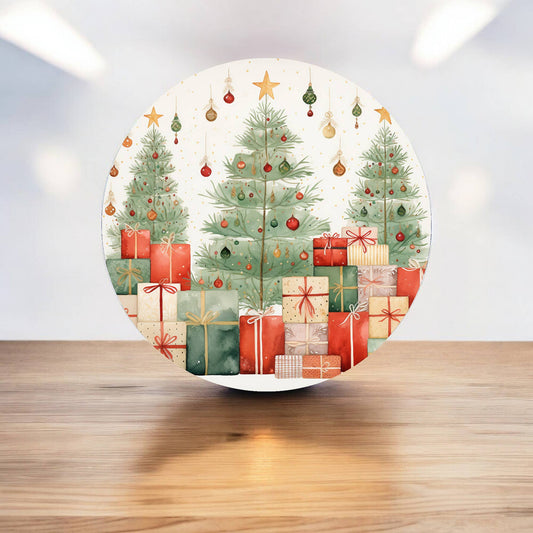 Christmas Tree Presents Circle Metal Sign