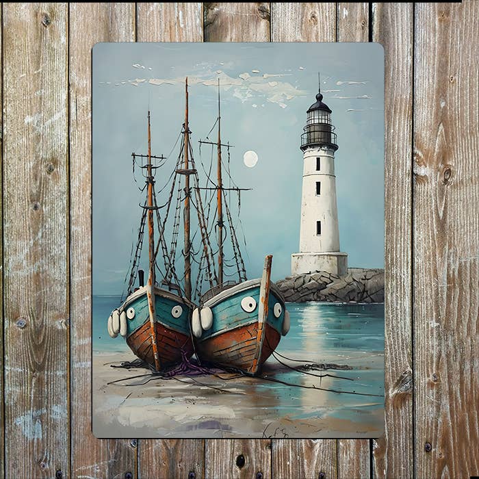 Coastal Scene With Rustic Boats Nautical | Metal Sign Plaque