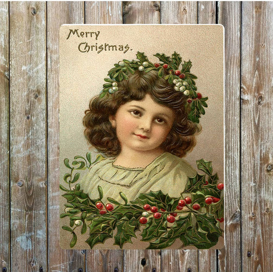 Vintage Christmas girl holly | Metal Sign Plaque