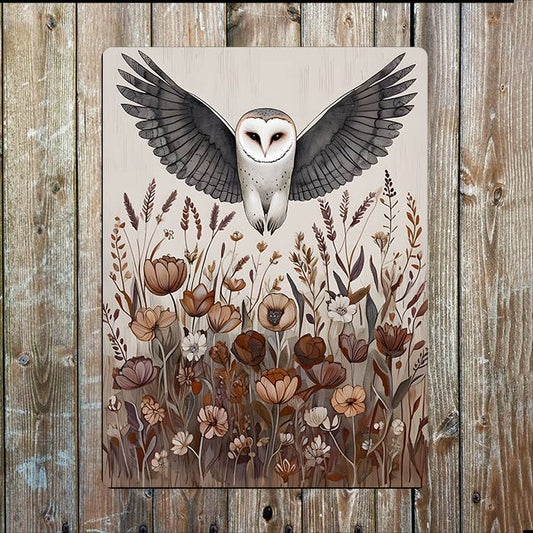Barn Owl In Flight Above Floral Meadow | Metal Sign Plaque