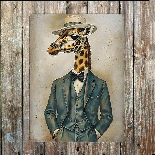 Vintage Giraffe Wearing Three Piece Suit | Metal Sign Plaque