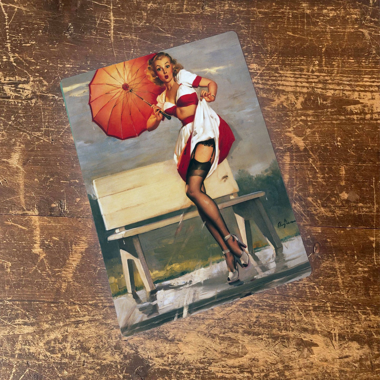 Pin Up Girl In Rain Metal Personalised Art Wall Sign