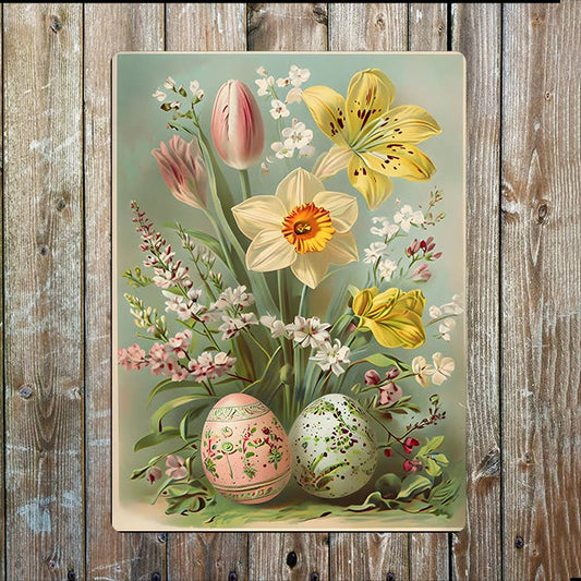 Vintage Easter Spring Flowewrs Eggs | Metal Sign Plaque