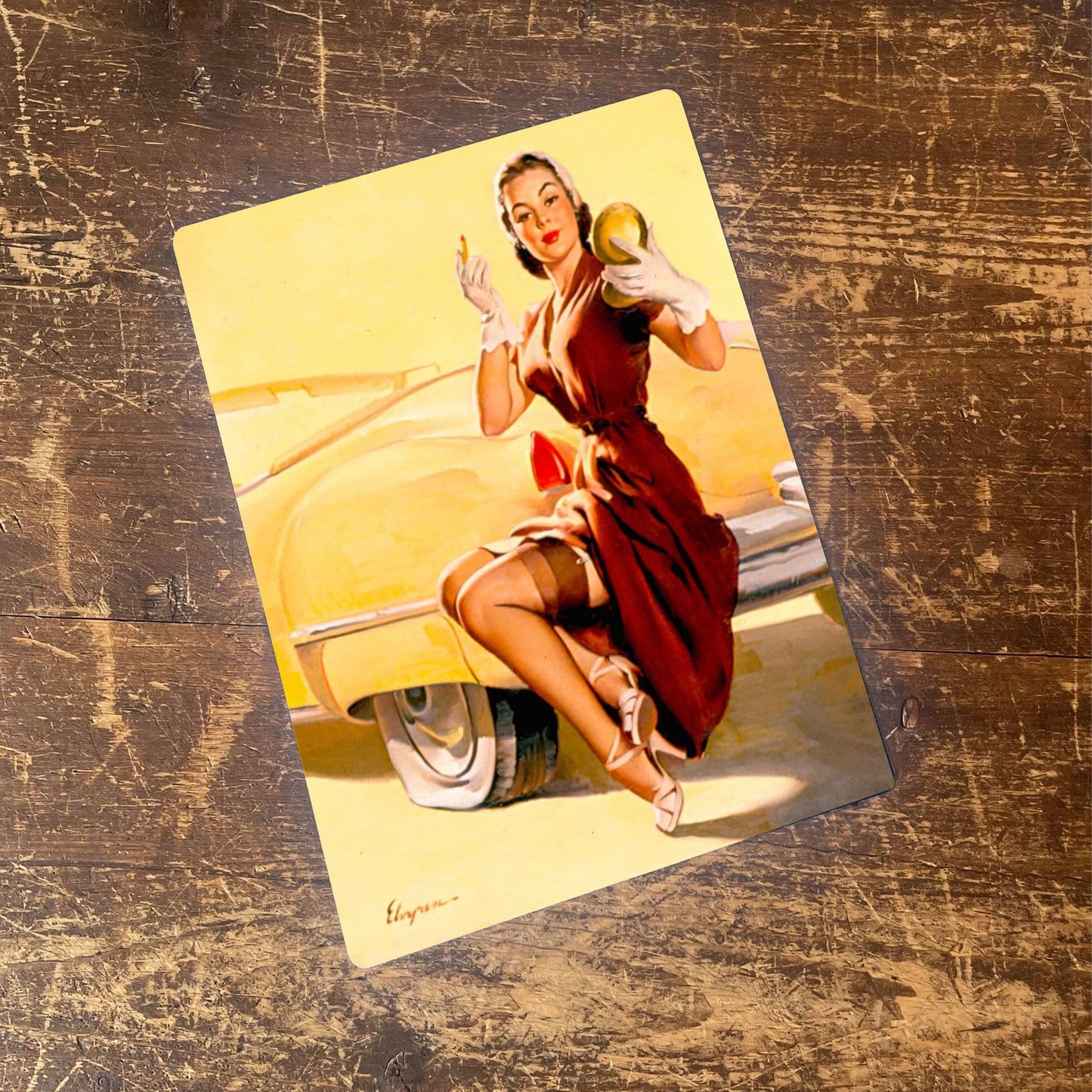 Pin Up Girl On Car Metal Personalised Art Wall Sign
