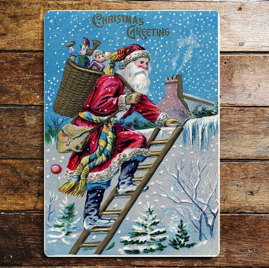 Santa Father on roof Christmas Metal Wall Sign