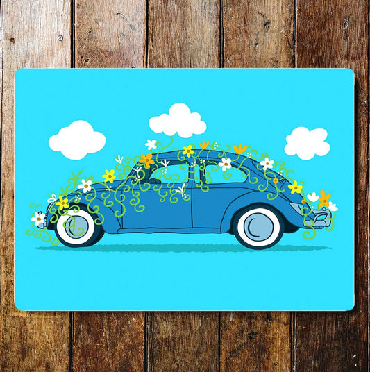 Beetle car flowers blue | Metal Sign Plaque