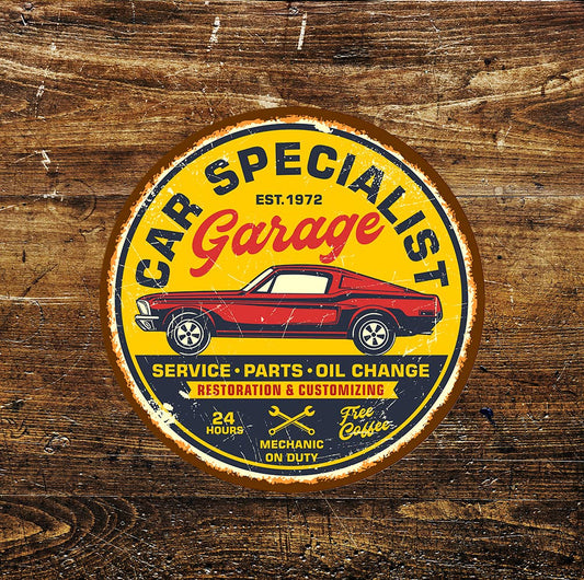 Car Specialist Garage Circle Metal Sign