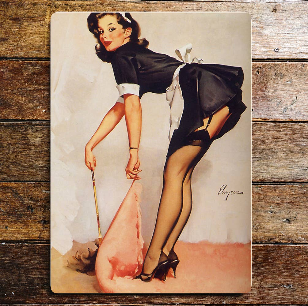 Pin Up Girl Maids Brush Under Carpet Metal Wall Sign
