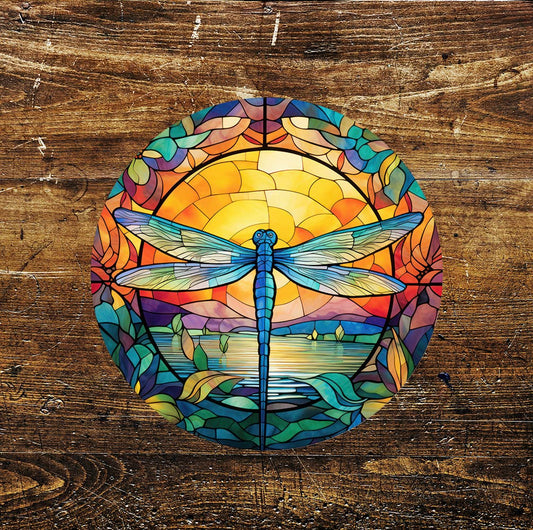 Dragonfly Yellow Stained Glass affect Circle Metal Sign