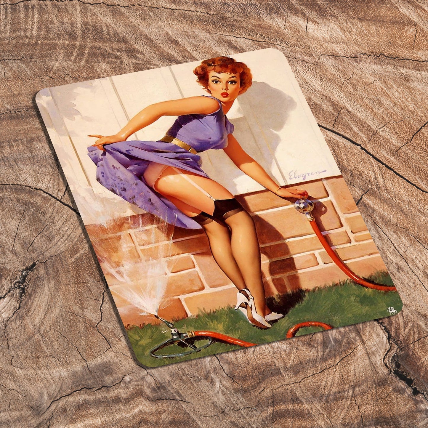 Pin Up Girl In Garden and Hose Metal Sign