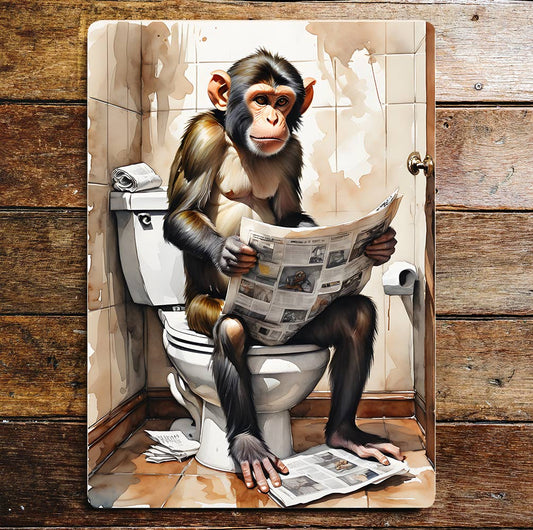 Monkey reading On the Toilet Bathroom | Metal Sign Plaque