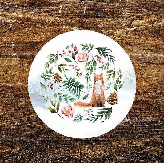 Fox Winter Leaves Cones Berries Circle Metal Sign