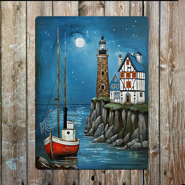 Night Coastal Scene Lighthouse Nautical | Metal Sign Plaque