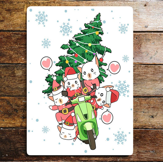 Kawaii Santa cats riding motorcycle Wall | Metal Sign Plaque