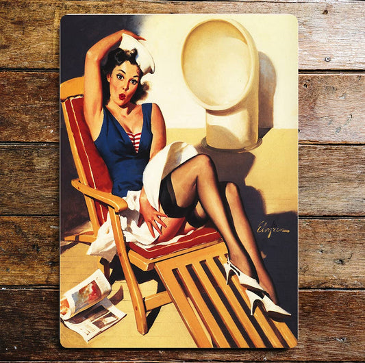Pin Up Girl Sailor Ship Sunbathe Metal Wall Sign
