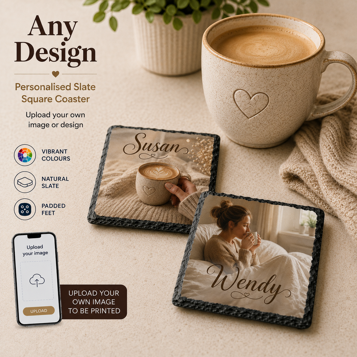 Natural Slate Square Coaster Personalised Any Design , Any Image, Any Text Paper