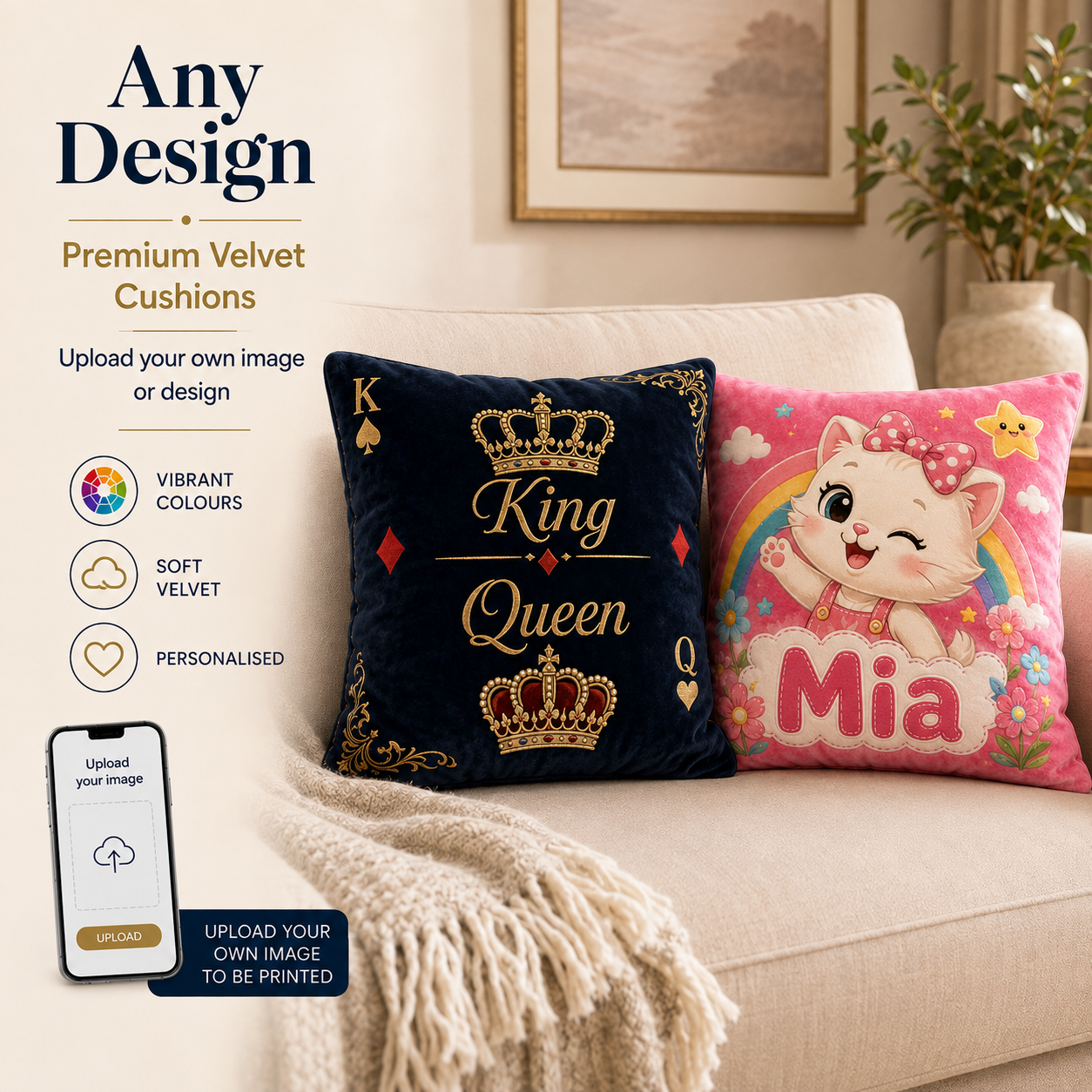 Velvet Cushion - Personalised, Photo, Any Design , Any Image, Any Text