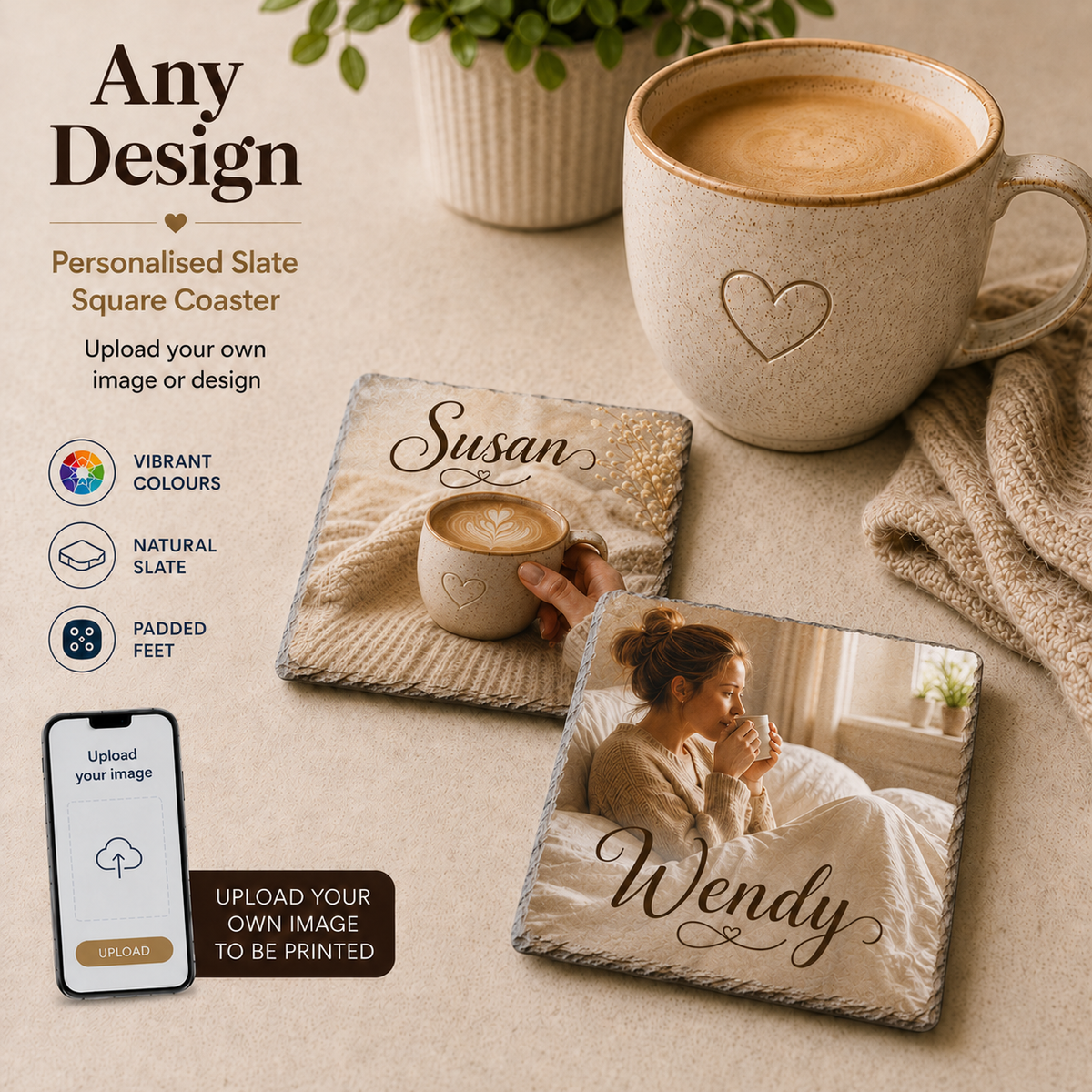 Natural Slate Square Coaster Personalised Any Design , Any Image, Any Text Paper