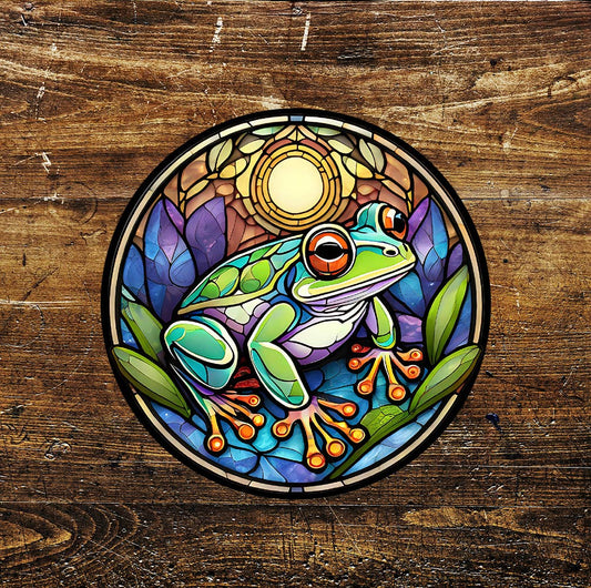 Frog Sun Stained Glass affect Circle Metal Sign