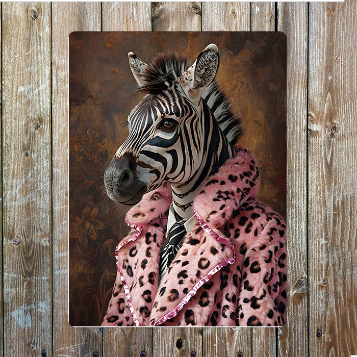 Zebra In Pink Fur Coat|  Metal Sign Plaque