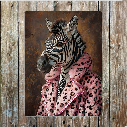 Zebra In Pink Fur Coat|  Metal Sign Plaque