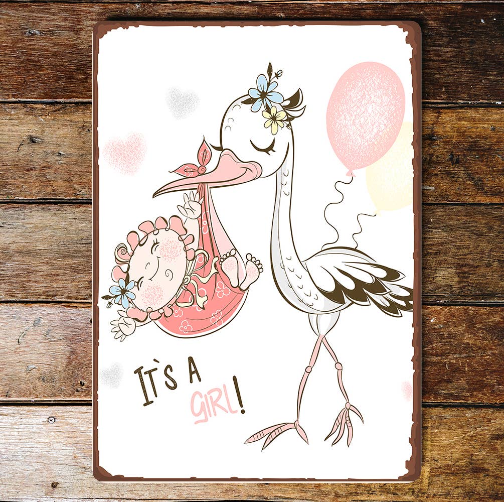 It's A Girl Stork Balloon | Metal Wall Sign Plaque