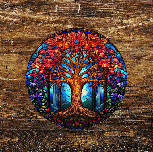 Red Tree Stained Glass affect Circle Metal Sign