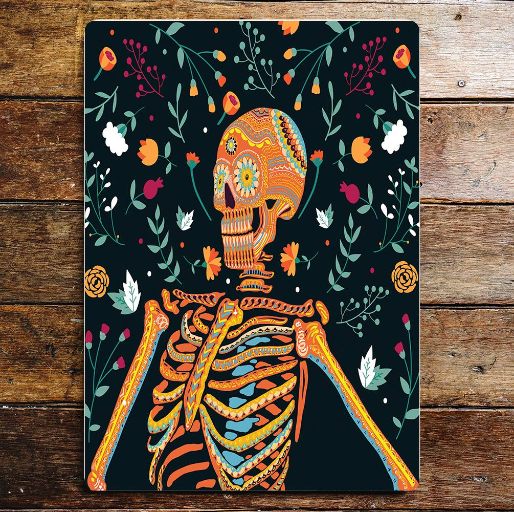 Skeleton Floral Flowers Candy Skull Metal Wall Sign