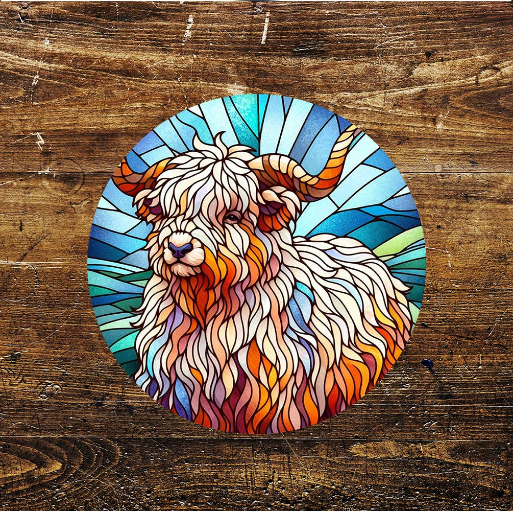 Rainbow Wooly Ram Stained Glass Affect Circle Metal Sign
