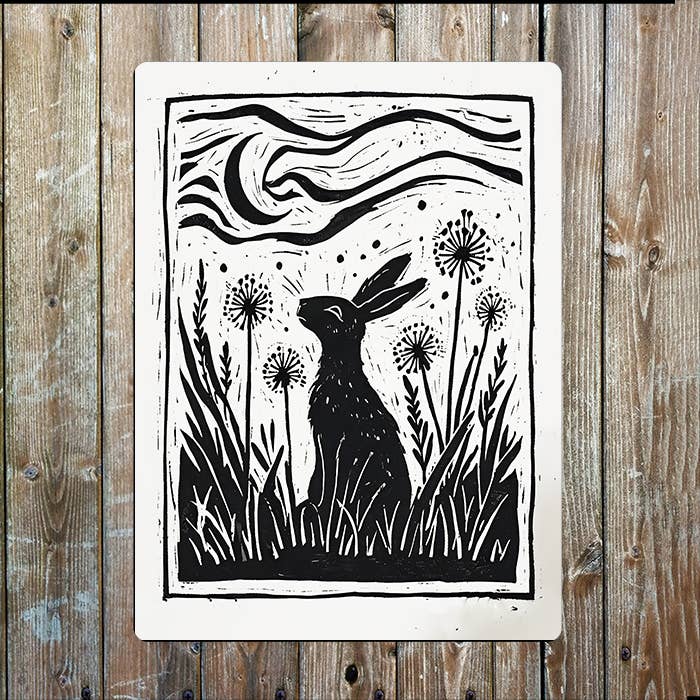 Moon Gazing Hare Linocut Style | Metal Sign Plaque