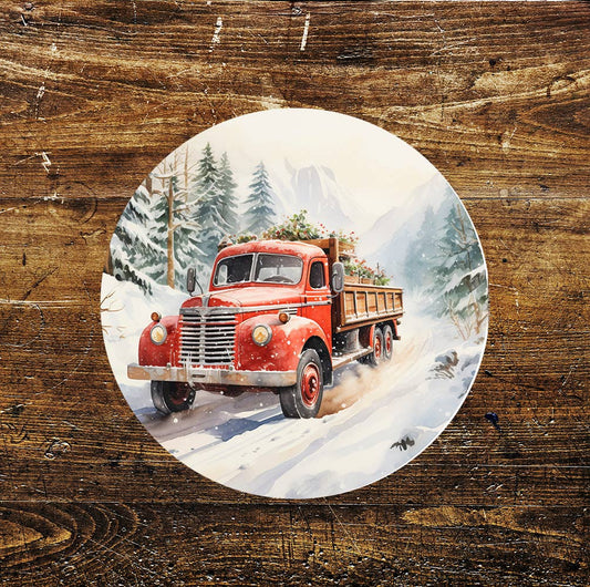 Vintage Christmas Scene Holly Pickup Circle Metal Sign