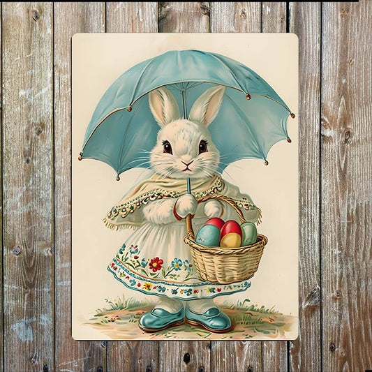 Vintage Easter Rabbit Bunny Umbrella Eggs | Metal Sign Plaque