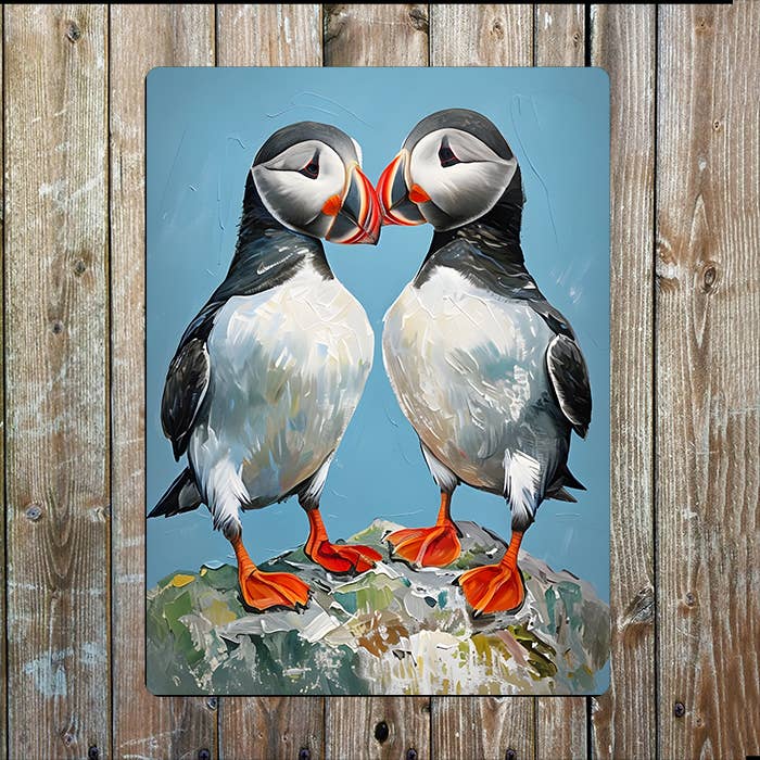Two Puffins On A Rock Painting | Metal Sign Plaque