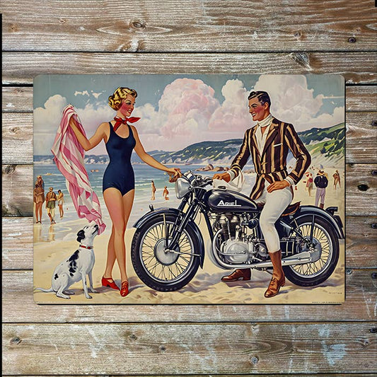 Vintage Beach Swimmers And Motorcycle | Metal Sign Plaque