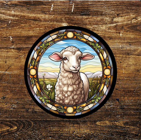 Farm Animal Sheep Stained Glass Affect Circle Metal Sign