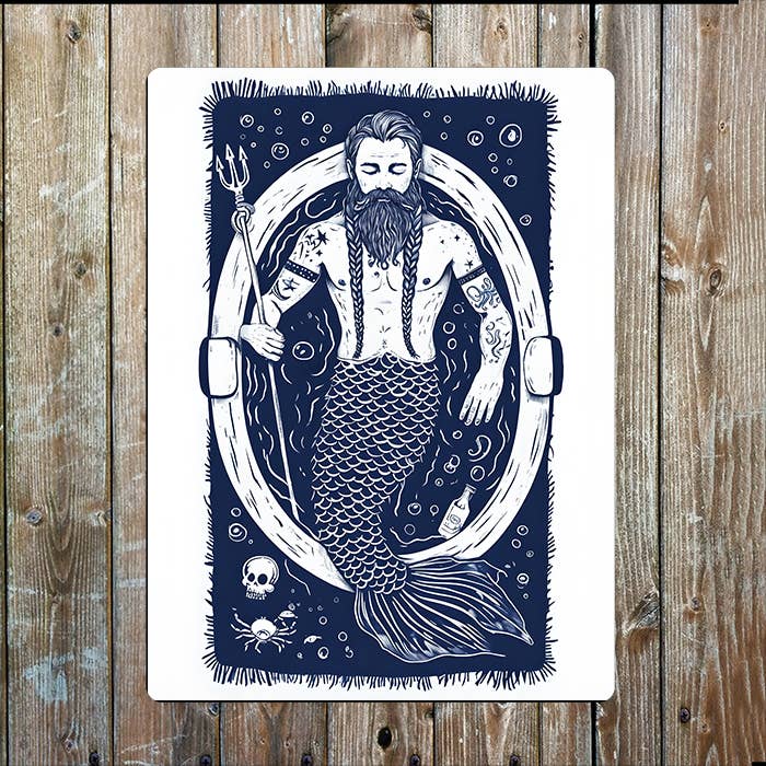 Merman Mermaid In Bath Bathroom Nautical | Metal Sign Plaque